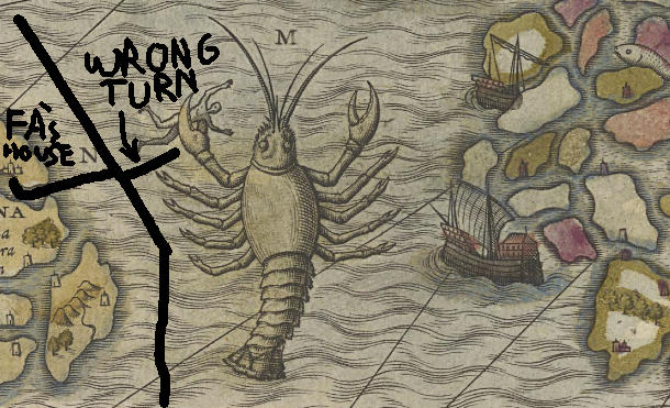 Old map with sea monsters as a map to FA's house